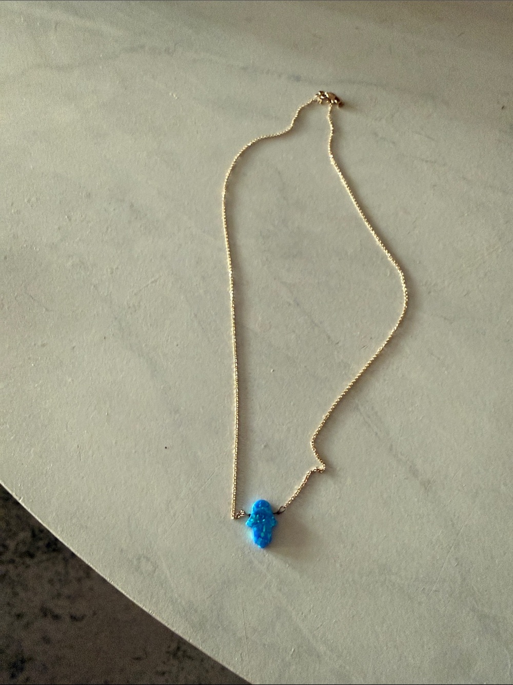 14K Gold Chain Necklace with Blue Opal Hamsa Pendant